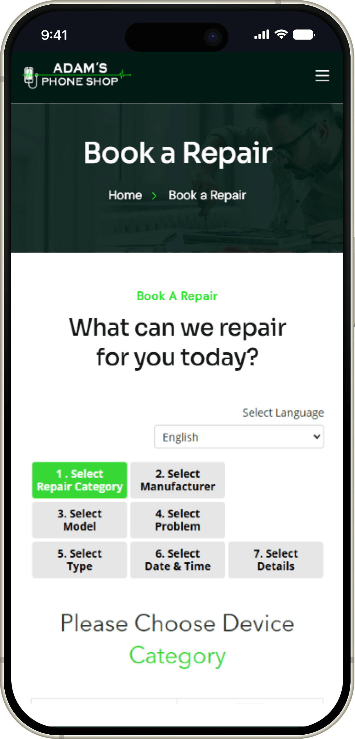 Adams Repair Booking Page