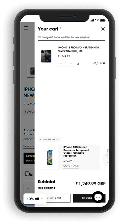 Phone showing cart